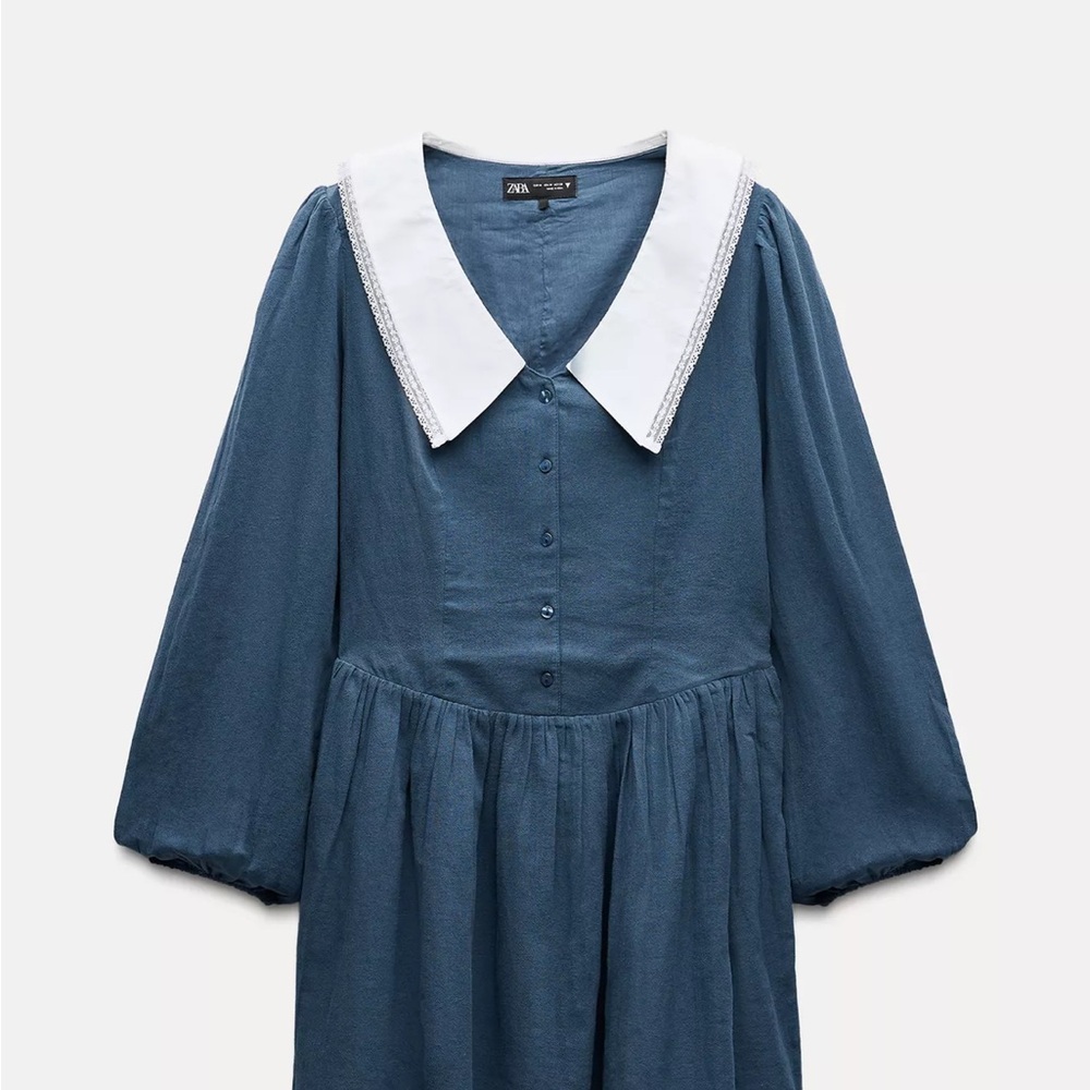 Elegant Blue Dress with White Collar